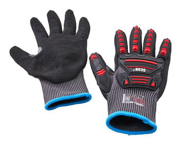 Scan - Scan Impact Cut Resistant Gloves with Clip - Protective gloves with textured grip and red accents.