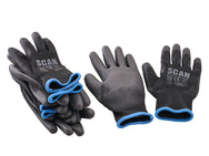 Scan - Scan PU Gloves (5 Pairs) - Black protective gloves with blue cuffs, safety markings.