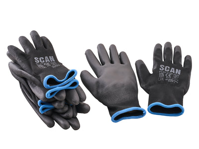 Scan - Scan PU Gloves (5 Pairs) - Black protective gloves with blue cuffs, safety markings.