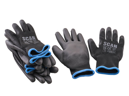 Scan - Scan PU Gloves (5 Pairs) - Black protective gloves with blue cuffs, safety markings.
