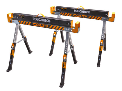 Roughneck - Roughneck Colt Folding Saw Horse Twin Pack - Adjustable metal sawhorse pair with orange accents.