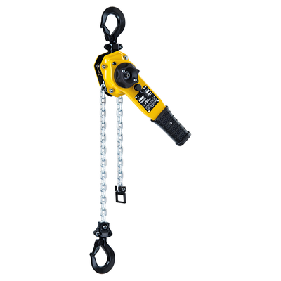 A yellow and black manual chain hoist with a silver metal chain and hook, shown against a solid white background.
