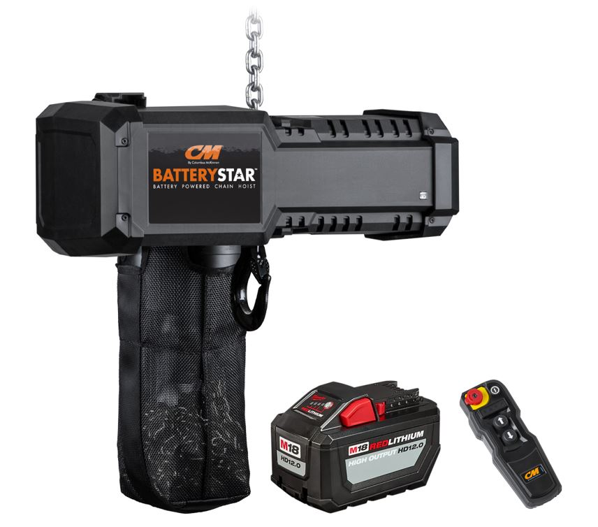 CM BatteryStar Hoist – The CM® BatteryStar™ is a portable, battery-powered chain hoist from Columbus McKinnon and Milwaukee Tool®, designed for quick installation and reliable performance in industrial applications. – Now available at MTN Shop UK.