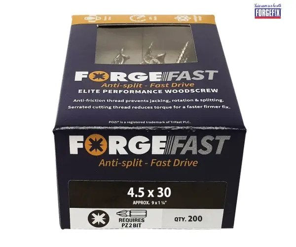 ForgeFix ForgeFast Pozi Compatible Elite Performance Wood Screw ZY 4.5 x 30mm Box 200 - imagen 2