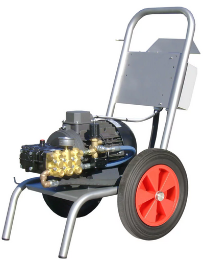 Pressure washer with red wheels on a white background