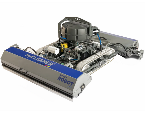 Robotic floor cleaning machine with 'hyCLeaner' branding on a white background