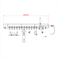 Doughty SixTrack line operated curtain track kit — technical diagram showing full system length with ball raced runners, master runner, adjustable support bracket, pulleys, line support and weighted hand pulley. - imagen 2