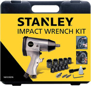 Stanley impact wrench kit with tools and accessories on a yellow background