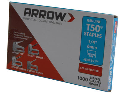 Arrow T50 Staples Stainless Steel 504SS 6mm (1/4in) (Box 1000) – – Now available at MTN Shop UK.