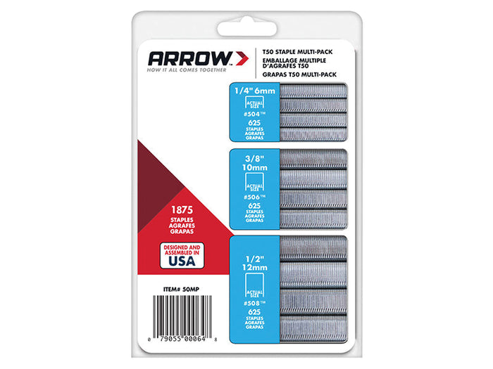Arrow  T50 Staples Multi Pack 6mm  10mm & 12mm (Box 1875, 3 x 625)