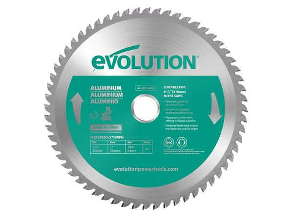 Evolution Aluminium Cutting Mitre Saw Blade 210 x 25.4mm x 60T – – Now available at MTN Shop UK.