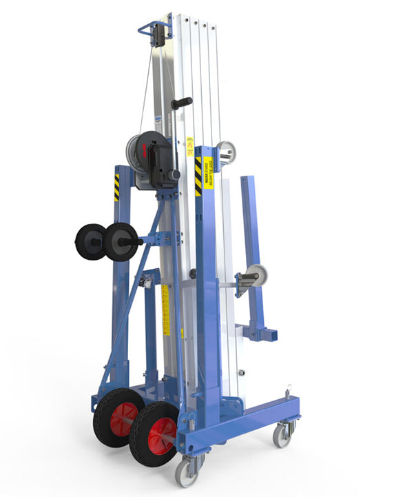 Kuzar Industrial Lifter 300kg/7.3m with 100kg Counter Weight & Basket - HAMMER 73CW – Kuzar lifter 300KG- a robust industrial stacker with Counter Weight basket and 100kg of weight included. Made in Spain, the HAMMER 73CW Lifter has been designed for vertically lifting loads, and horizontal movements with the load lifted at minimum height. This stacker with an impressive 300kg capacity has high-quality wheels for easy movement and a powerful winch for efficient lifting whilst remaining compact and agile. Co - imagen 2