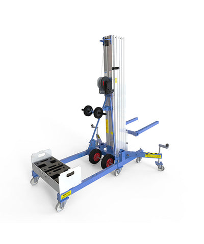 Kuzar Industrial Lifter 300kg/7.3m with 100kg Counter Weight & Basket - HAMMER 73CW – Kuzar lifter 300KG- a robust industrial stacker with Counter Weight basket and 100kg of weight included. Made in Spain, the HAMMER 73CW Lifter has been designed for vertically lifting loads, and horizontal movements with the load lifted at minimum height. This stacker with an impressive 300kg capacity has high-quality wheels for easy movement and a powerful winch for efficient lifting whilst remaining compact and agile. Co