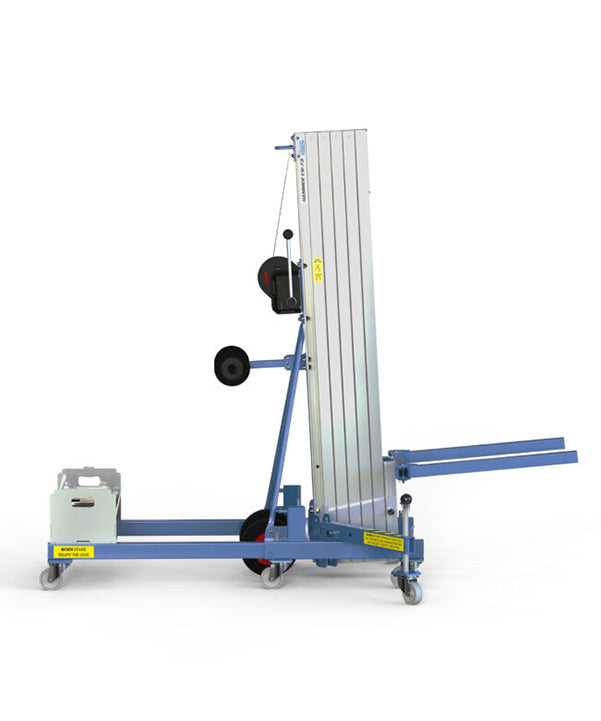 Kuzar Industrial Lifter 300kg/7.3m with 100kg Counter Weight & Basket - HAMMER 73CW – Kuzar lifter 300KG- a robust industrial stacker with Counter Weight basket and 100kg of weight included. Made in Spain, the HAMMER 73CW Lifter has been designed for vertically lifting loads, and horizontal movements with the load lifted at minimum height. This stacker with an impressive 300kg capacity has high-quality wheels for easy movement and a powerful winch for efficient lifting whilst remaining compact and agile. Co - imagen 4