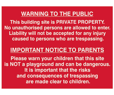 Building Site Warning To Public And Parents