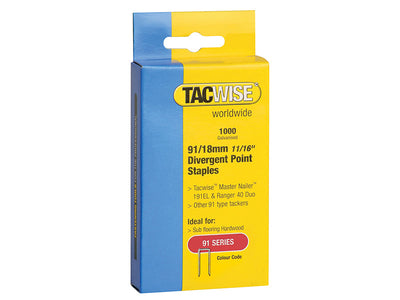 Tacwise 91 Narrow Crown Divergent Point Staples 18mm - Electric Tackers (Pack 1000) – – Now available at MTN Shop UK.