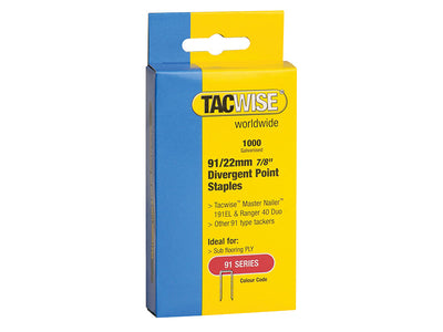 Tacwise 91 Narrow Crown Divergent Point Staples 22mm - Electric Tackers (Pack 1000) – – Now available at MTN Shop UK.