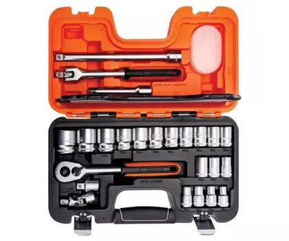 Bahco - Bahco S240 Socket Set of 24 Metric 1/2in Drive - Orange socket wrench set with case, multiple accessories.