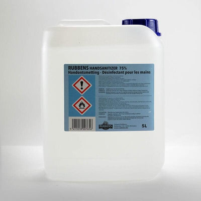 Hand Sanitizer 5L - 75% Ethanol – This water-based liquid hand sanitiser contains an alcohol percentage of 75% and 2% glycerine. Produced at Rubbens Distillery, according to WHO instructions and licensed by FAMHP. – Now available at MTN Shop UK.