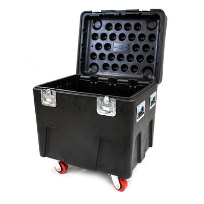 Black road case with wheels on a white background